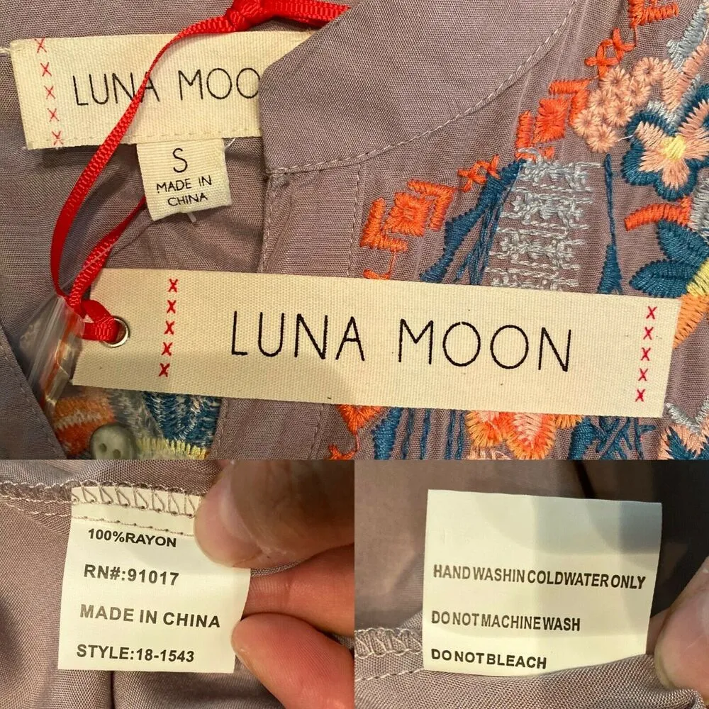 LUNA MOON Gray Floral Embroidered Blouse Peasant Top 3/4 Sleeve Small NWT ANTHRO - Image 8