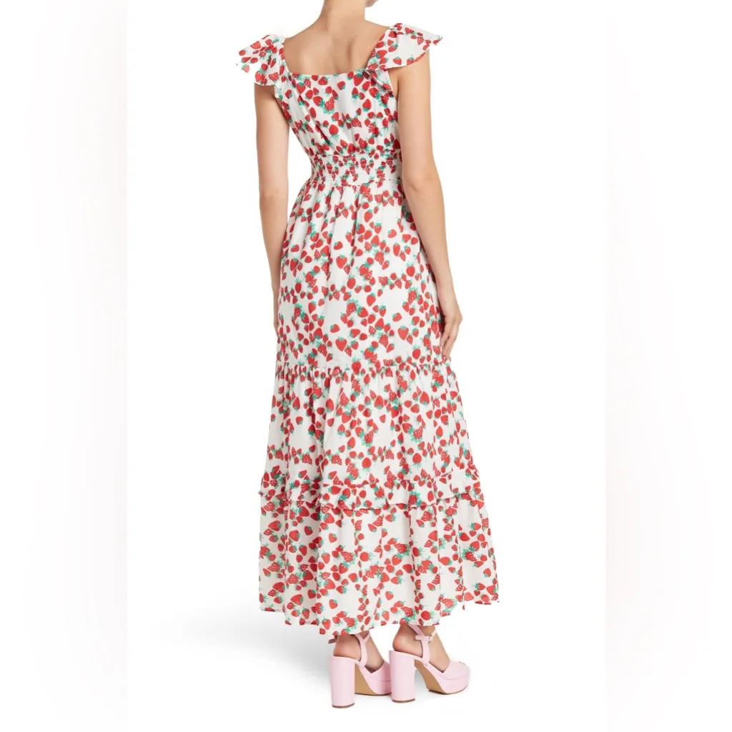 NWT Betsey Johnson Strawberry Print Ruffled Smocked Cotton Maxi Dress - Image 4