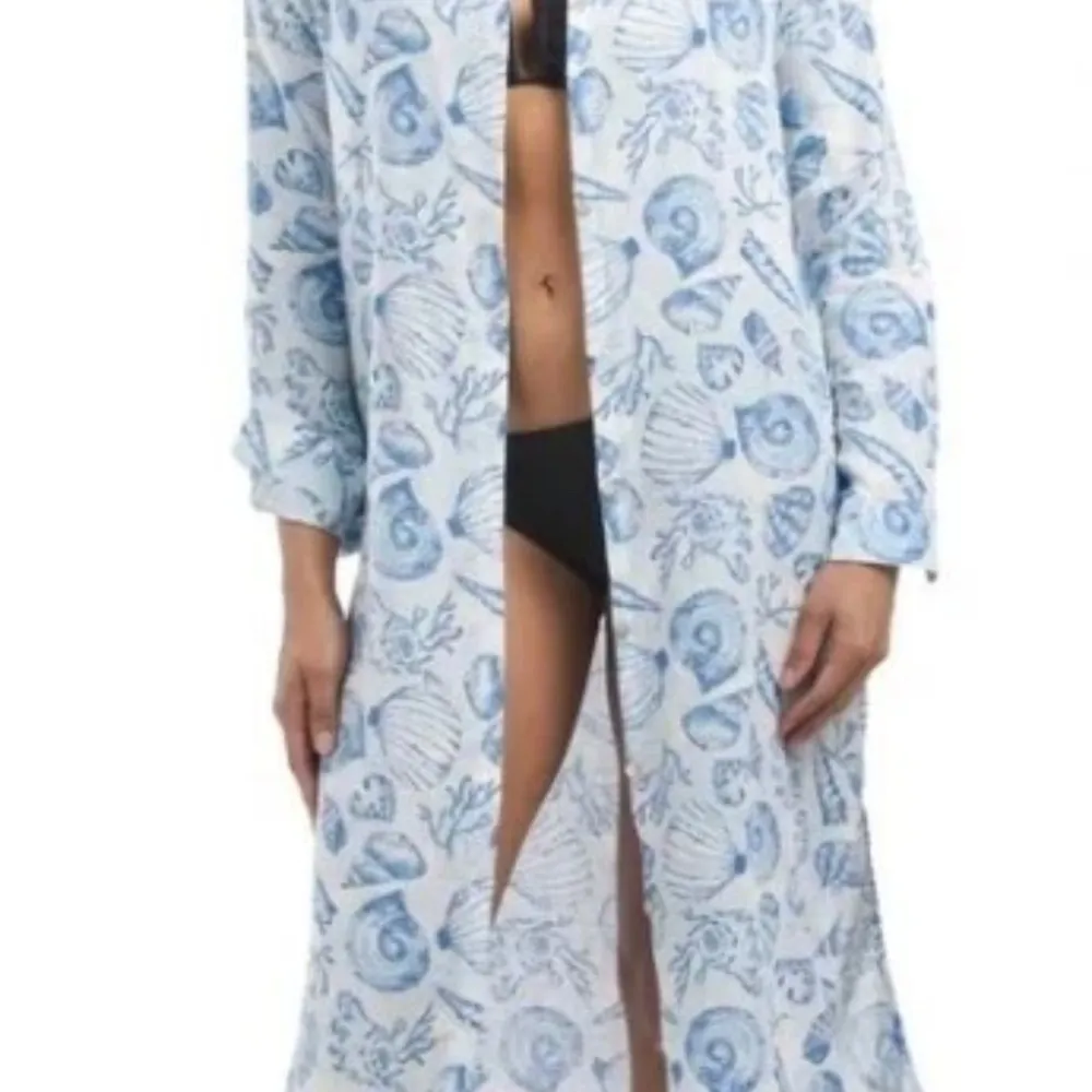 Martha Stewart Linen Blend Shirt Dress Blue White Beach Shells Midi Womens Small - Image 16