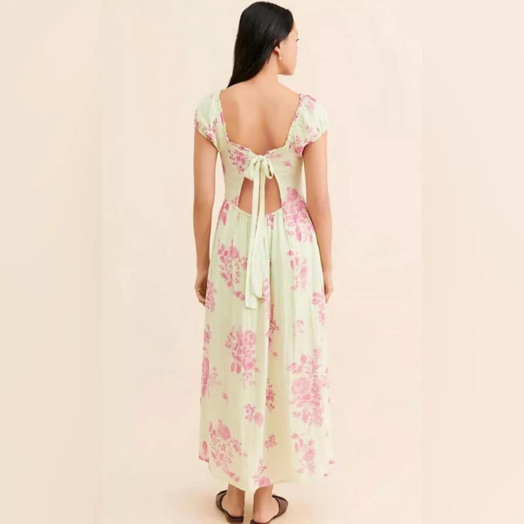 Free People Forget Me Not Maxi Dress Light Green And Pink Floral Sz S - Image 3