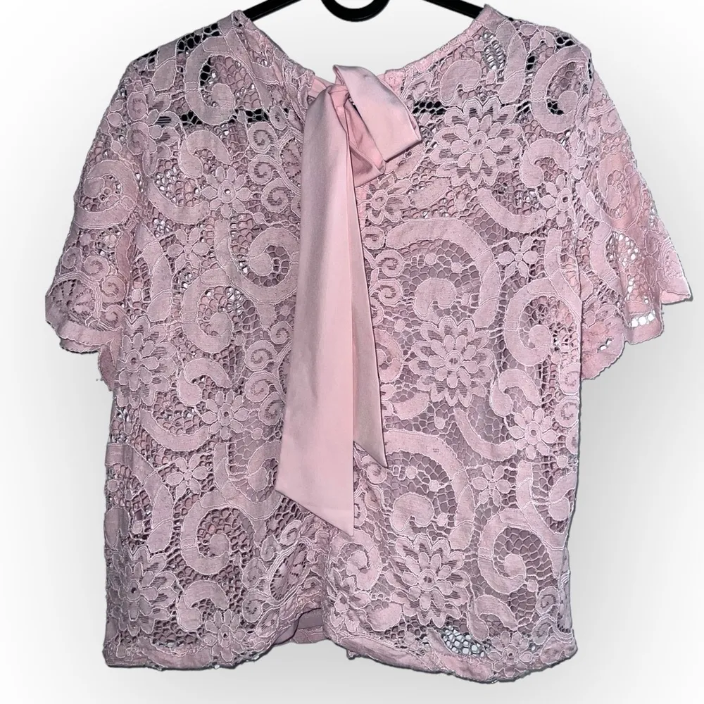 Nanette Lepore Lace Crochet Sheer Pink Lined Bobo Spring Bloom Bow tie Blouse S - Image 5