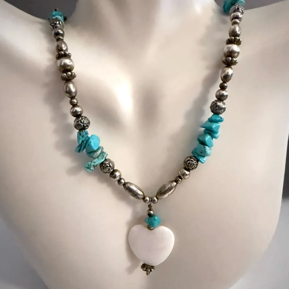 Southwestern Liquid Silver Turquoise Mother of Pearl Heart Necklace 24 Inches Blue - Image 2