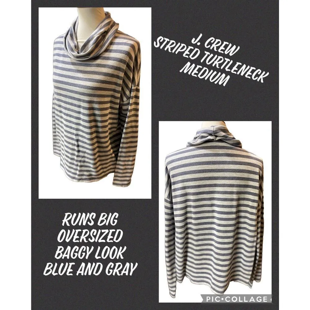 J. Crew Slate Blue and Gray Striped Turtleneck Size Medium - Image 2