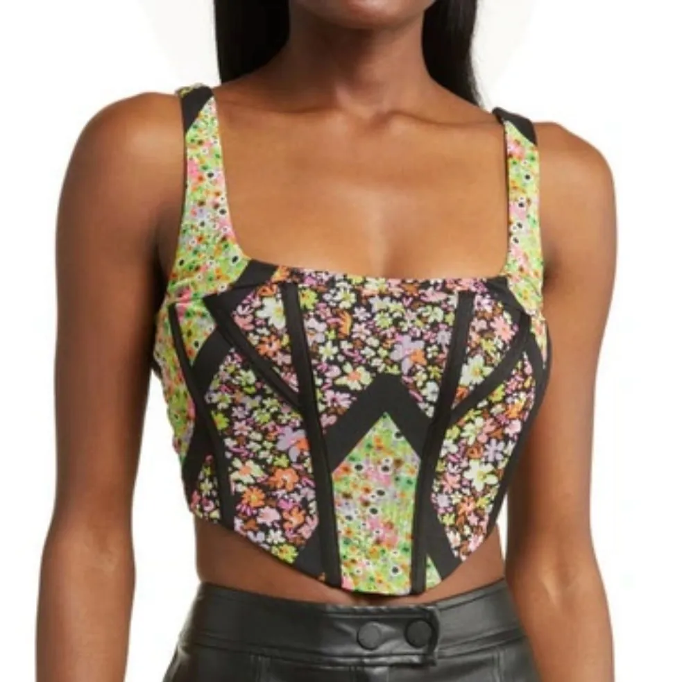 NWT AFRM Mesh Cropped Ditzy Floral, Green, Black, Pink Corset Top Size Small Black - Image 2