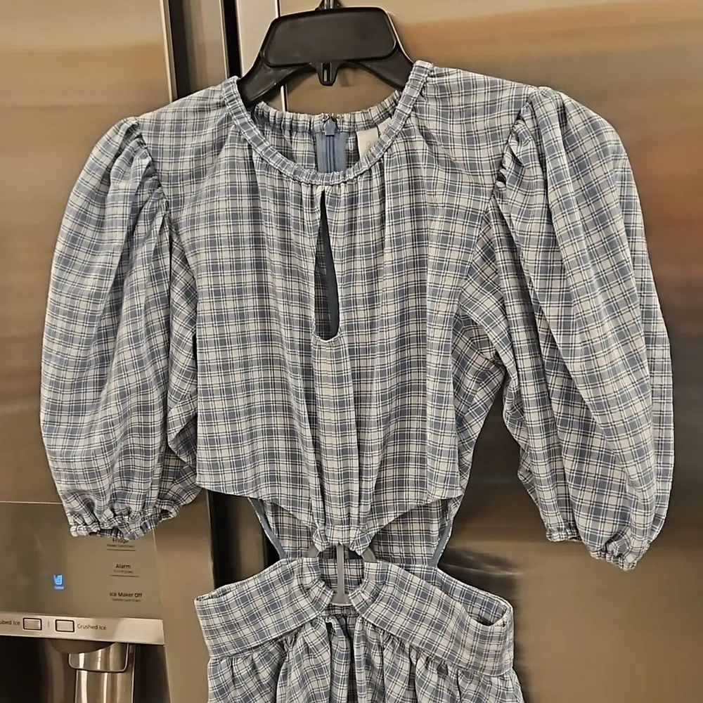 JONATHAN SIMKHAI Soo Seersucker Plaid Puff Sleeve Cutout Mini Dress Blue XS NWOT - Image 13