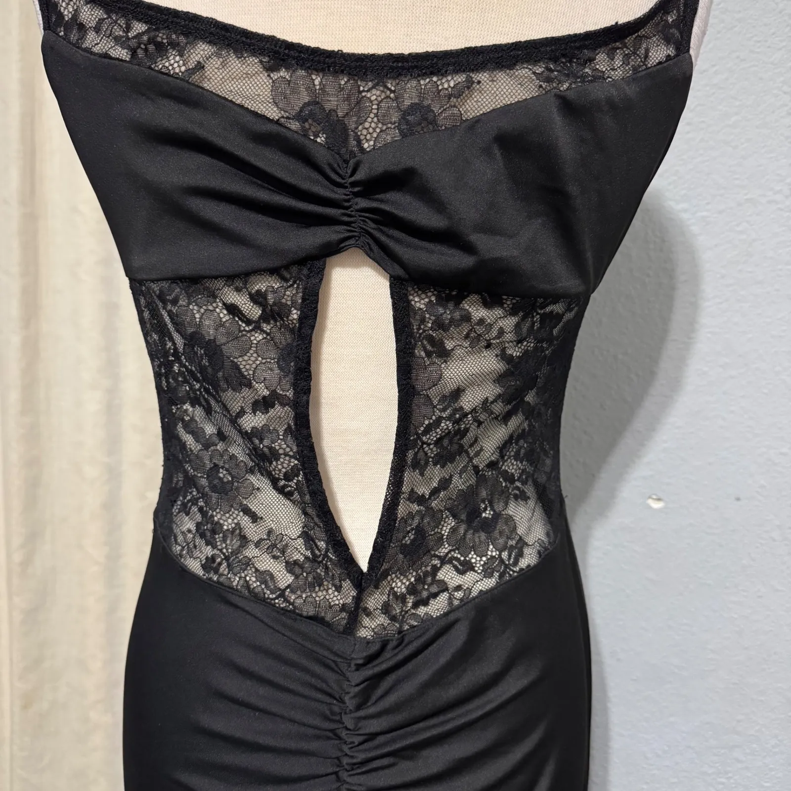 SHEIN Black Lace Trim Ruched Bodycon Maxi Dress Formal Evening Gown Whimsigoth L - Image 6