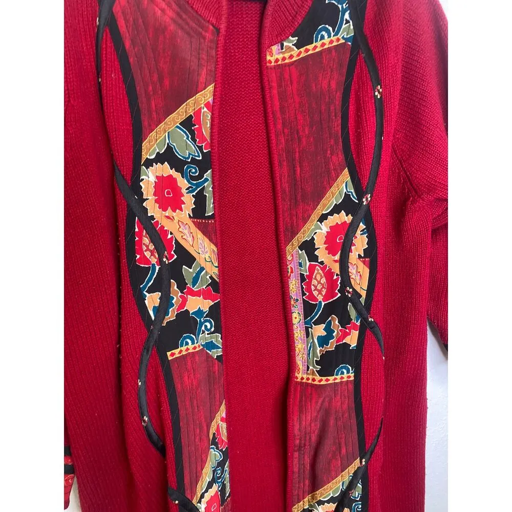 KOOS of Course! Red Open Cardigan Applique Sweater Silk Wool Sz 1X Asian Kimono - Image 2