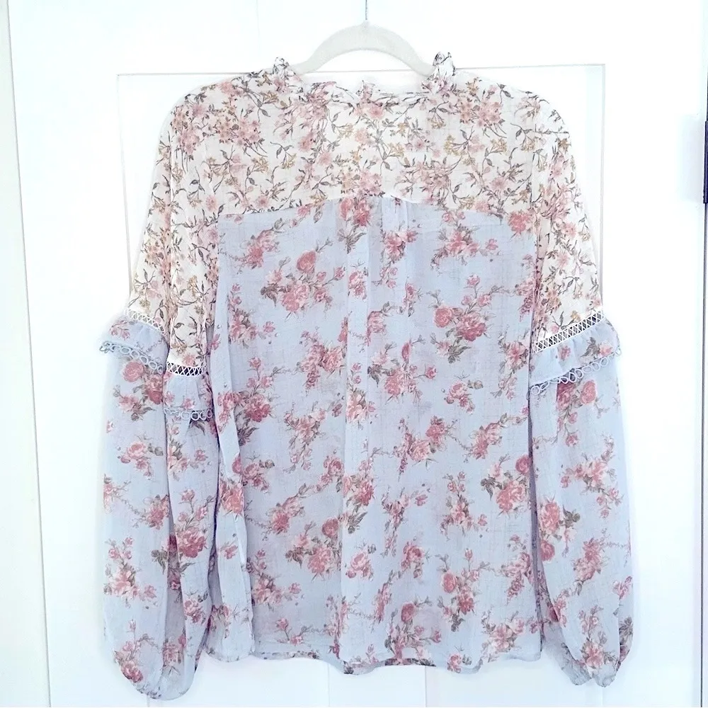 213. Blu Pepper Blue and Pink Floral bohemian style Blouse - Image 3