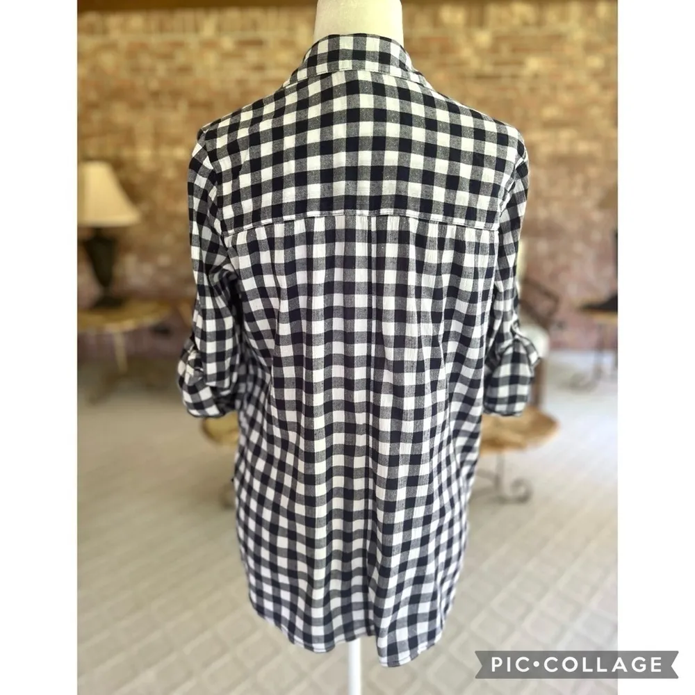 William Rast Top Blue White Plaid Roll-Tab Sleeve Button Up Shirt M Preppy Work - Image 7