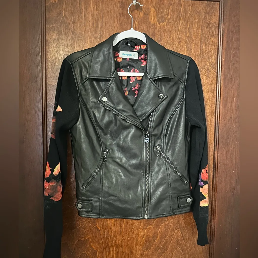Desigual Rosaura Faux Leather Floral Print Moto Jacket Size M - Image 3