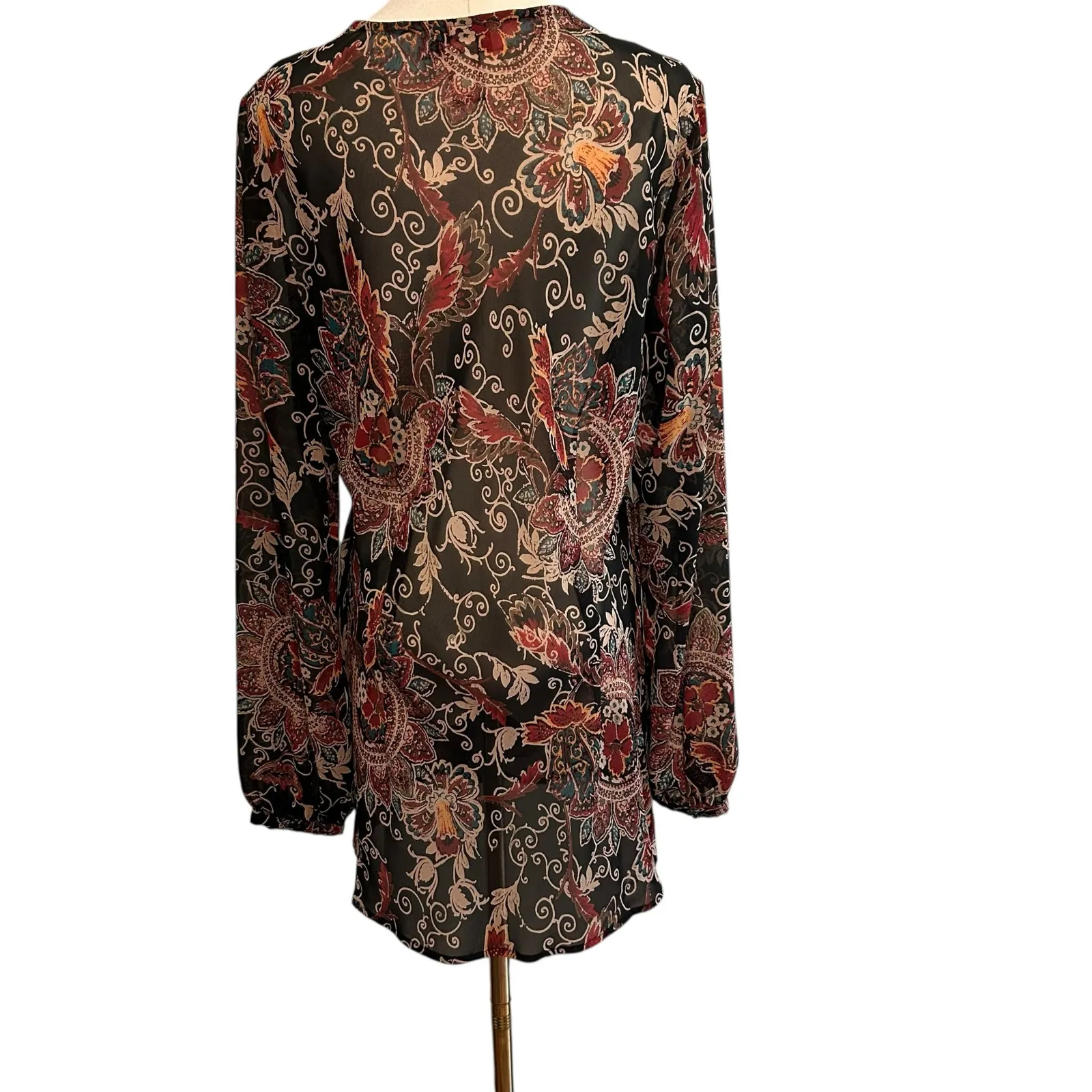 Bandolino Crochet SZ 14 Top Black Flower Tunic Boho Y2K Long Sleeve Pleated - Image 6