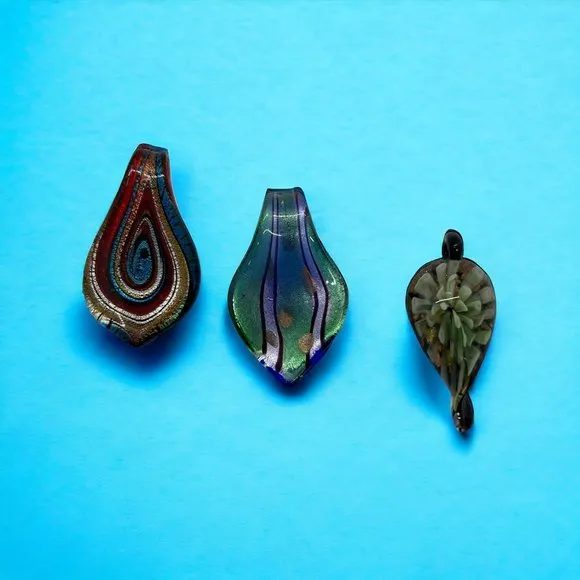 3 Vintage Dichroic Glass Pendants Each Unique Teardrop Swirl Flower - Image 2