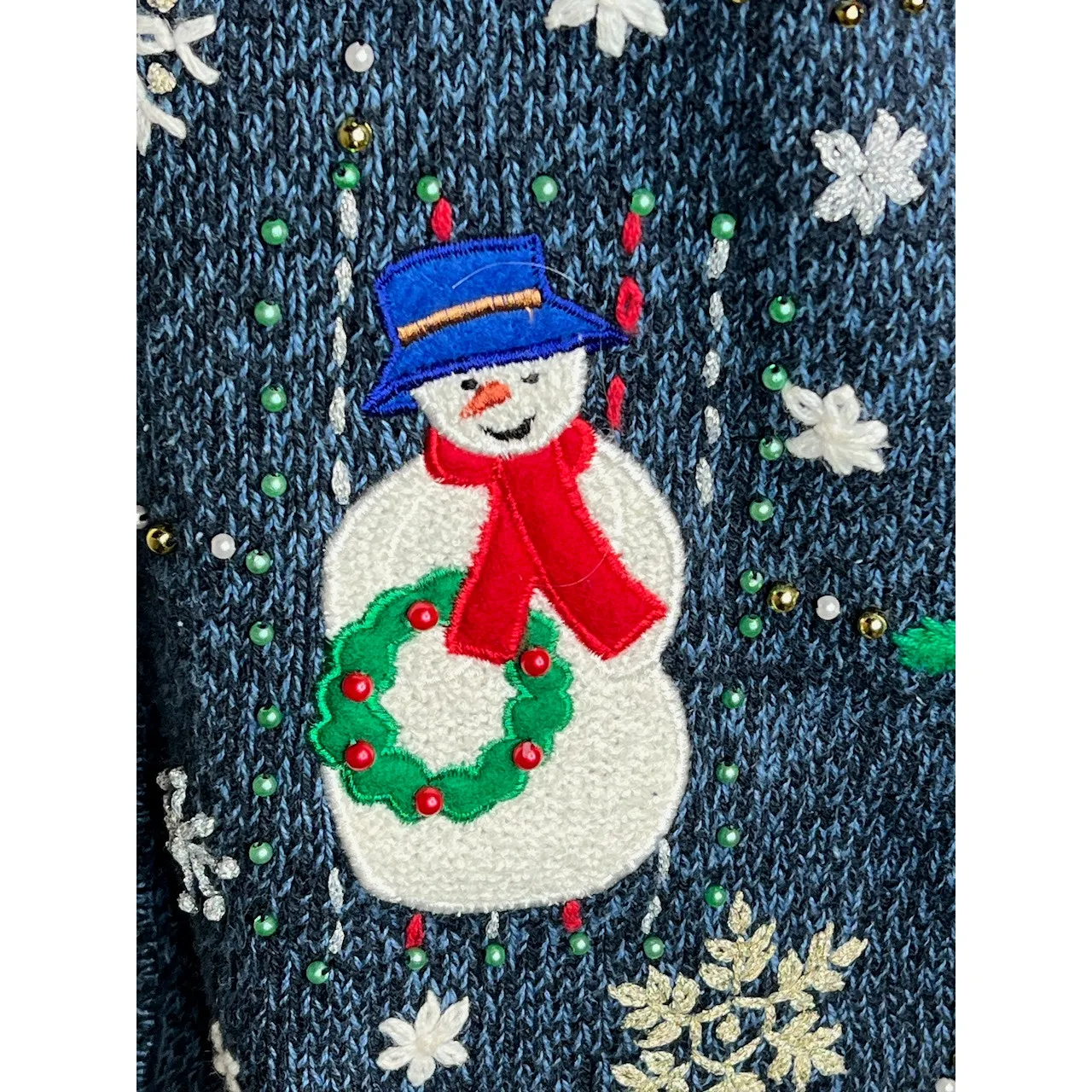 christmas sweater vest snowmen snowflakes beaded Blue Size M - Image 6