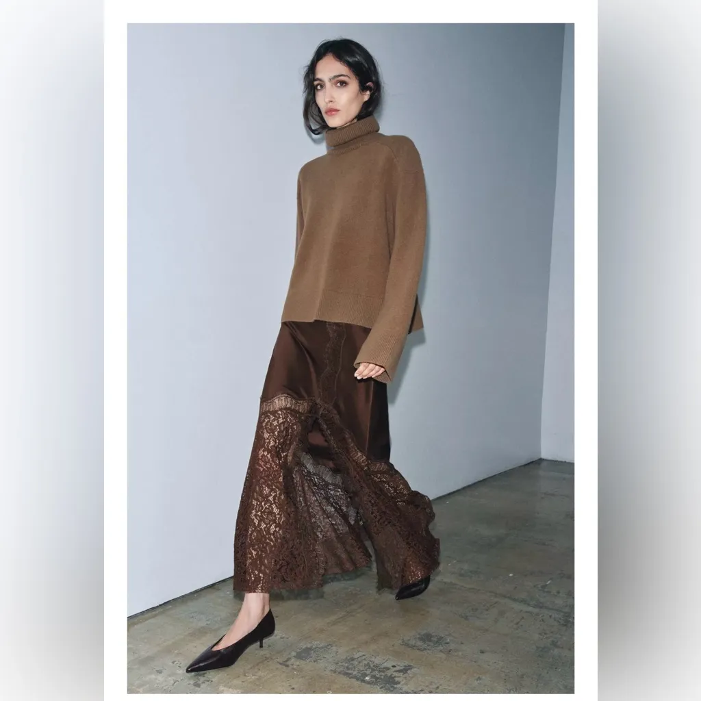 NWT Zara Satin Effect Lace Chocolate Brown Skirt Medium - Image 5