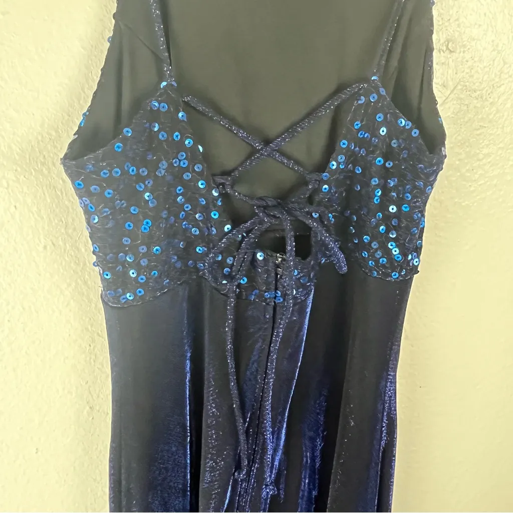 MORGAN & CO. Blue Sequin Top Strappy Back  Iridescent Skirt Maxi Dress, Size 3/4 - Image 7