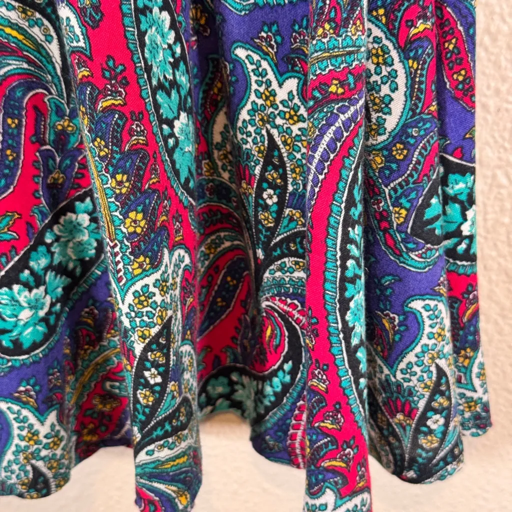 Vintage 1980s Blue Red Paisley Midi Skirt Women 6 Made USA Classic Pull On Retro - Image 11