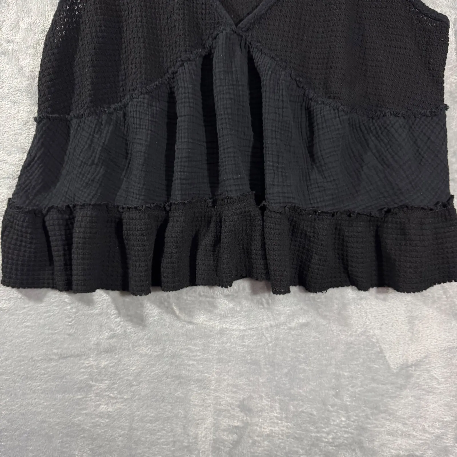 Torrid FESTI Black Waffle Knit Gauze Ruffle Tiered V Neck Tank Top - Image 4