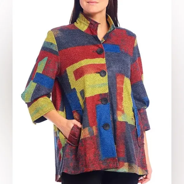 Ali Miles Abstract Print 3/4 Sleeve Knit Jacket Artsy Lagenlook Small - Image 7
