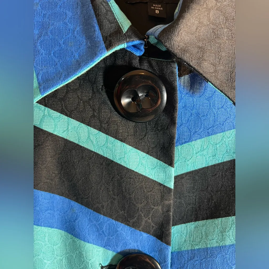 Vesti Multicolor Striped Trench Coat pockets button front black blues collar 8 - Image 3