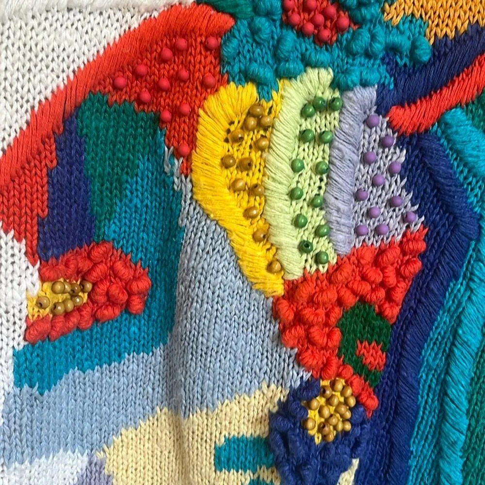 Vtg 3D Knit Sweater Sz Small Beaded Multicolor Funky Rad 80s 90s Art to Wear - Image 4
