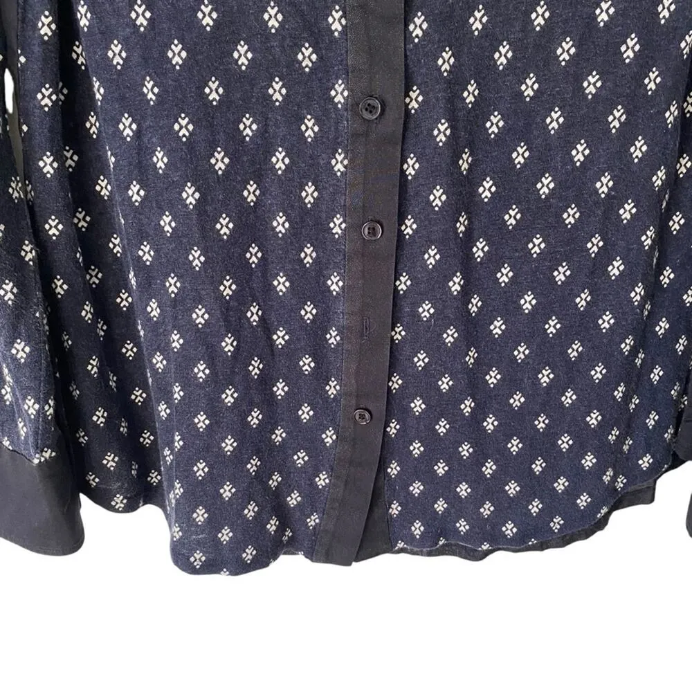 Tory Burch Linen Blend Navy Blue White Print Button Down Shirt size medium - Image 4