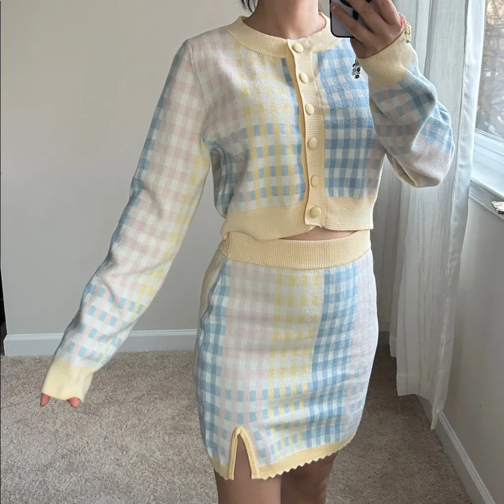 Plaid Pastel cardigan & skirt set. M/L Blue Size M - Image 3