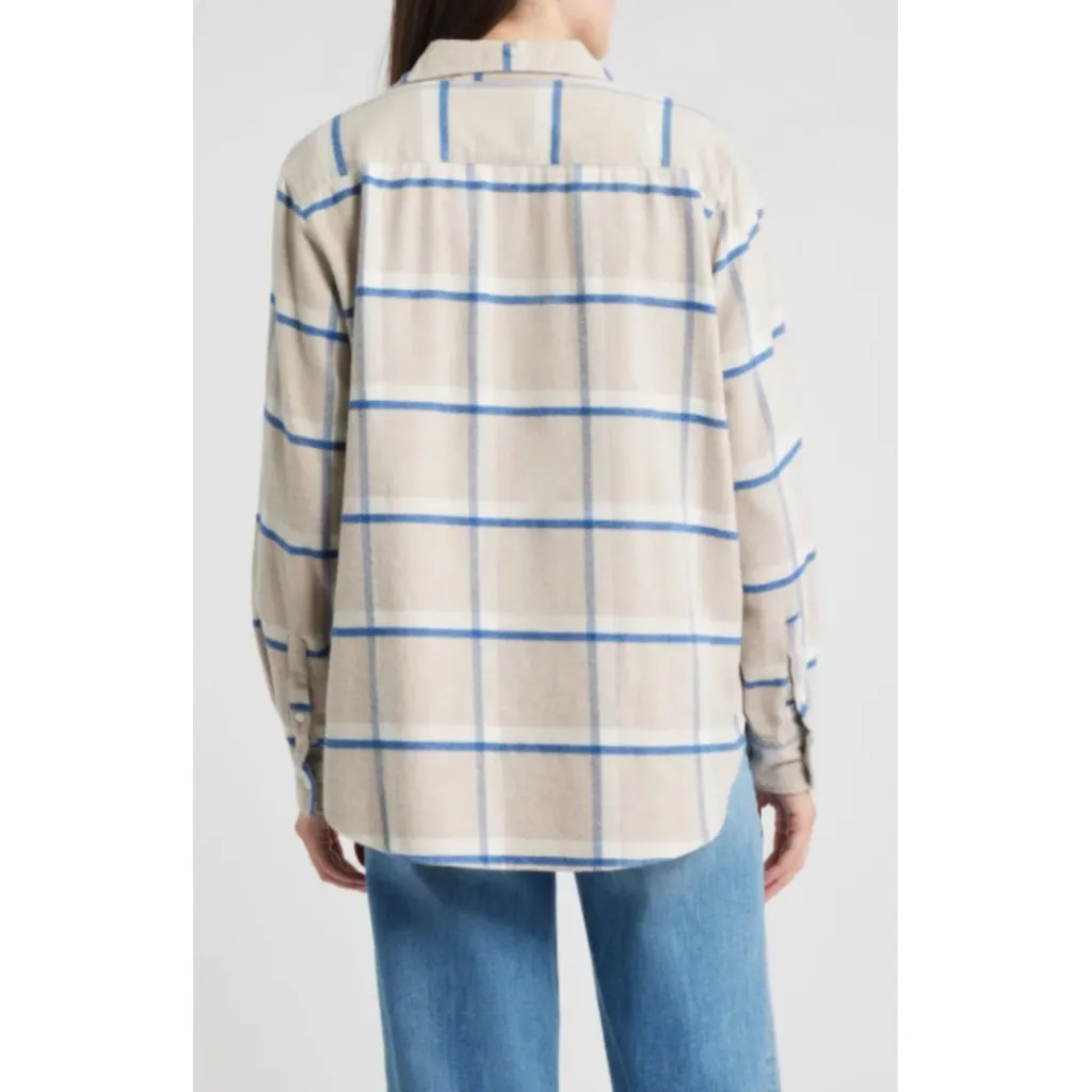 FRANK & EILEEN Eileen Relaxed Button Up Shirt in Tan, White & Navy Plaid Flannel - Image 2