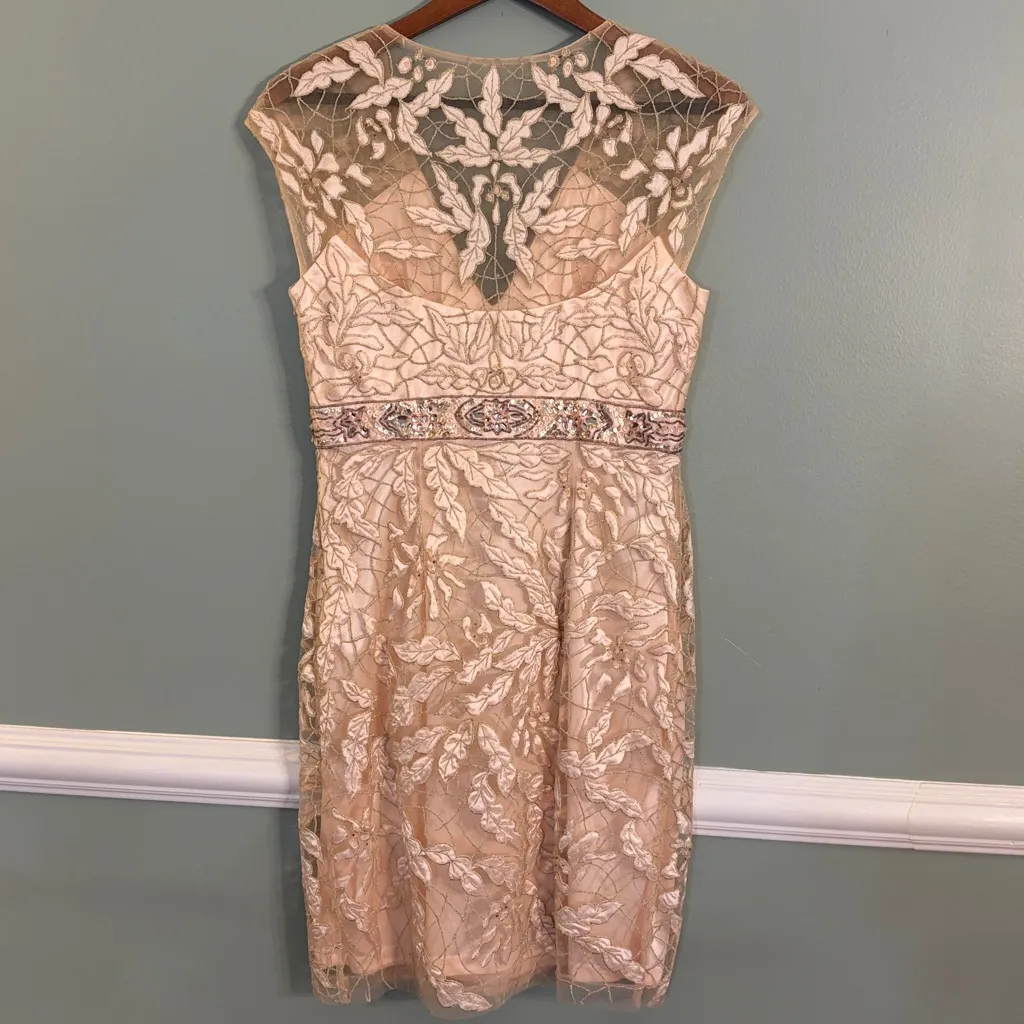Sue Wong Size 10 Light Pink Lace Beaded Short Sleeve Mini Dress - Image 5