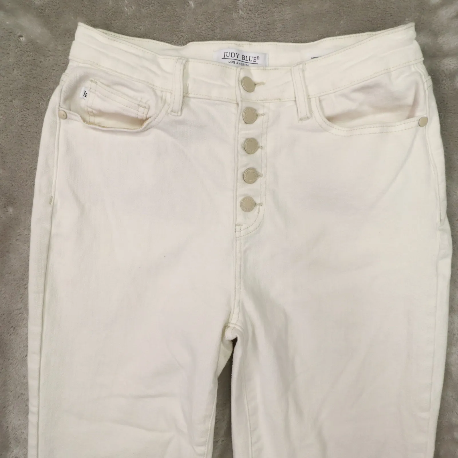 Judy Blue Off White Button Fly Raw Hem Wide Leg Crop Jeans size 11/30 Stretch - Image 2