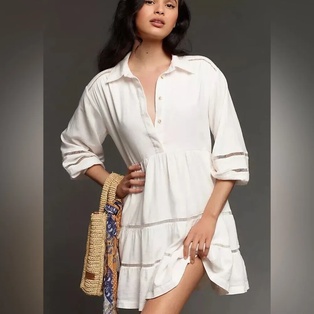 NWT Anthropologie Maeve Bettina Tiered Linen Mini Dress size xs oversized - Image 13