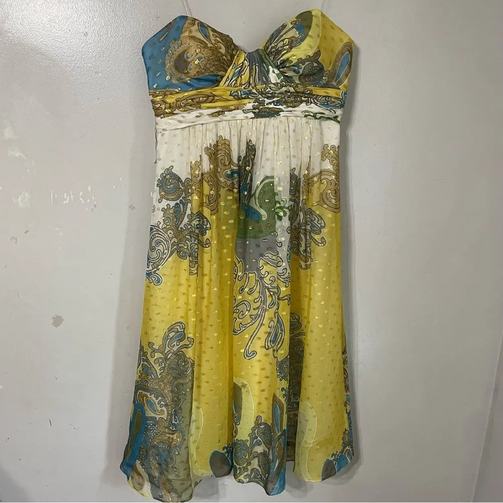 Y2K Aidan Mattox Strapless Silk Mini Babydoll Dress Yellow Blue‎ Gold Paisley 8 - Image 2