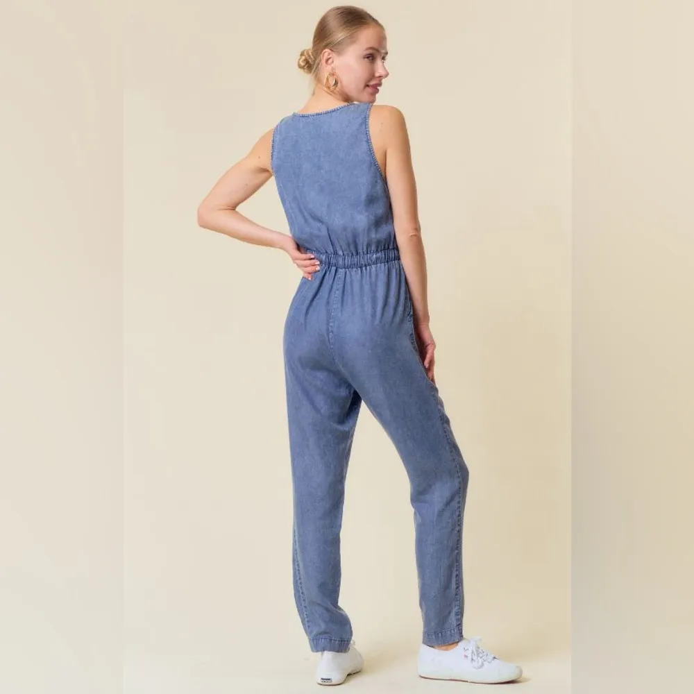 Scoop Neckline Sleeveless Drawstring Waist Jumpsuit Blue Size undefined - Image 2
