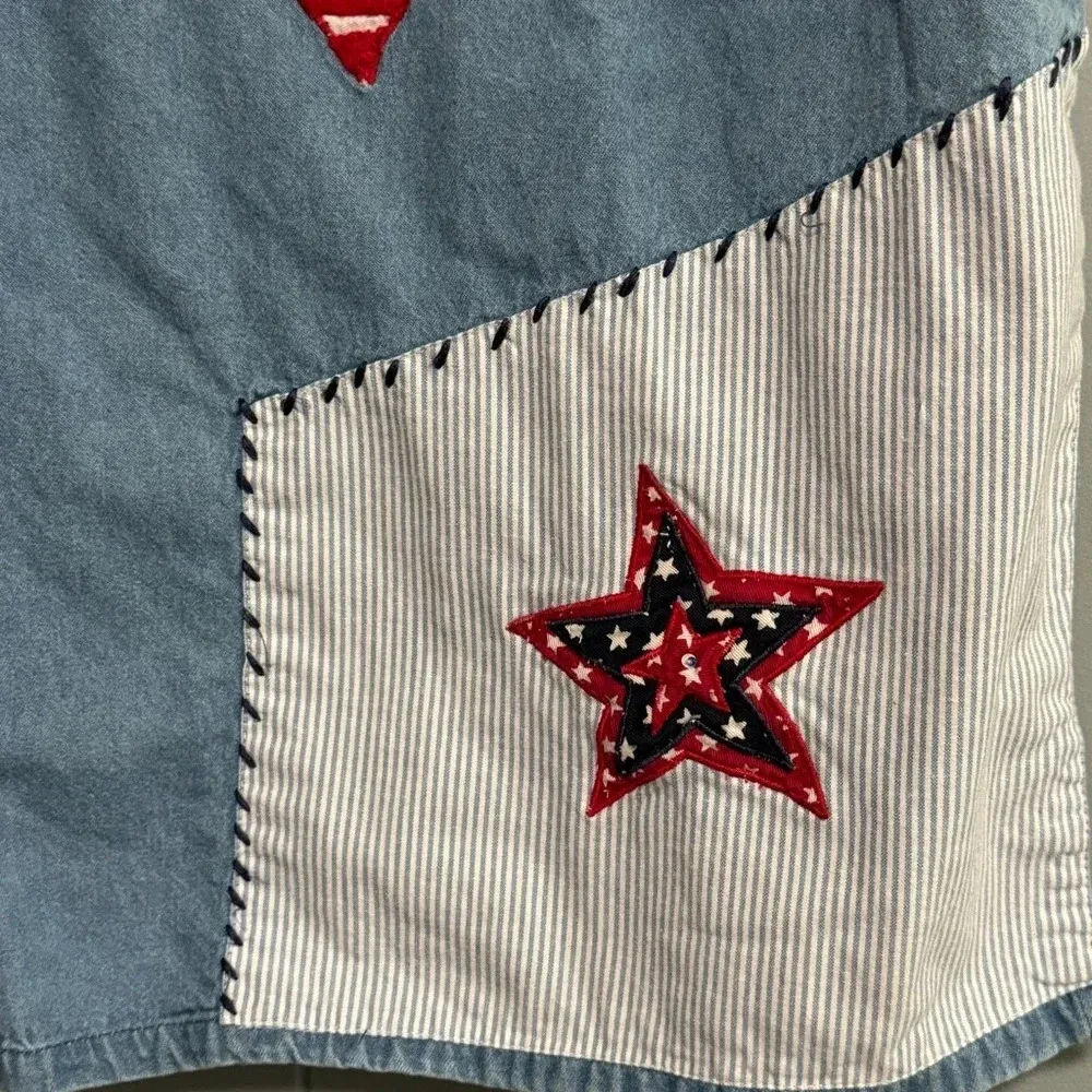 Patriotic USA Patches Embroidered Embellished Red White Blue Denim Shirt Size 3X - Image 7