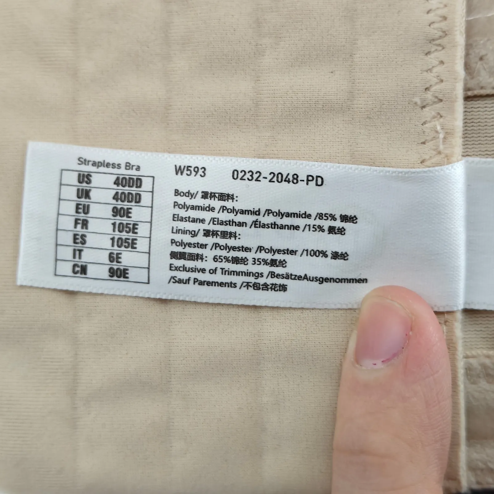 Delimira Sleek Strapless Underwire Bra #W593 Size 40DD Beige - Image 3