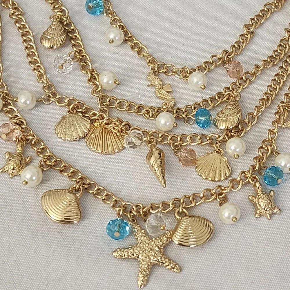 Gold 4 Strand Chain Necklace with Nautical Charms and Starfish Earrings Set - Image 4