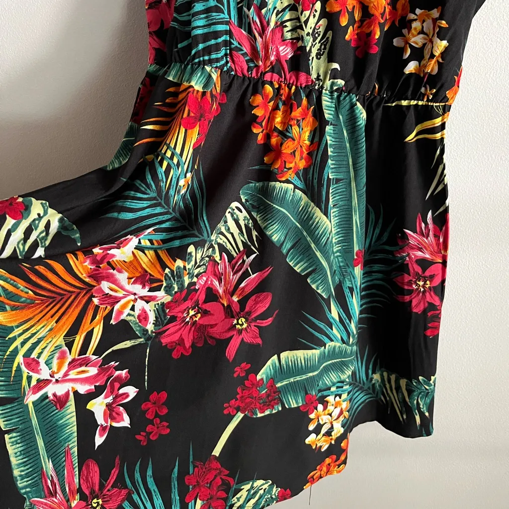 Tropical Floral Mini Dress Black Spaghetti Strap V Neck Beach Vacation - Image 3