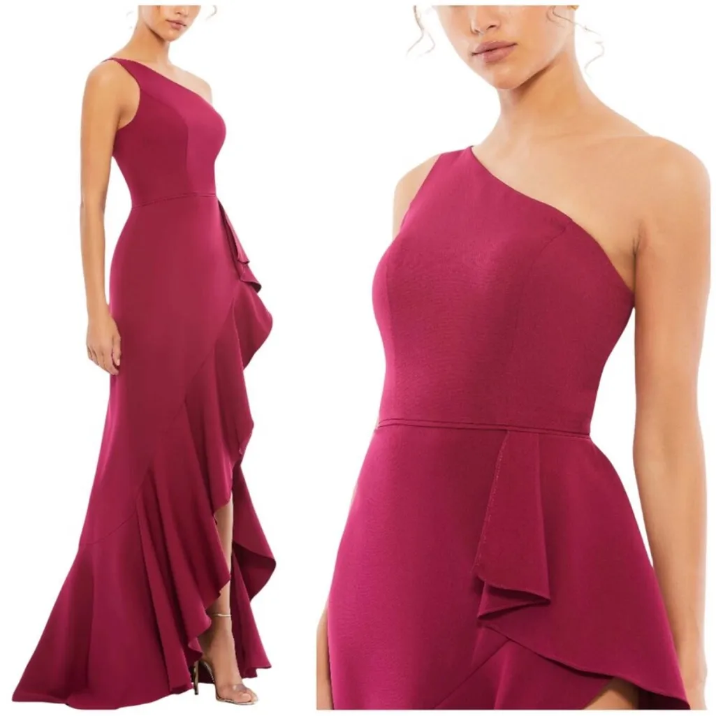 Mac Duggal NWT Purple One Shoulder High Slit Ruffle Gown Size Berry 4 Hi-Low Hem - Image 3