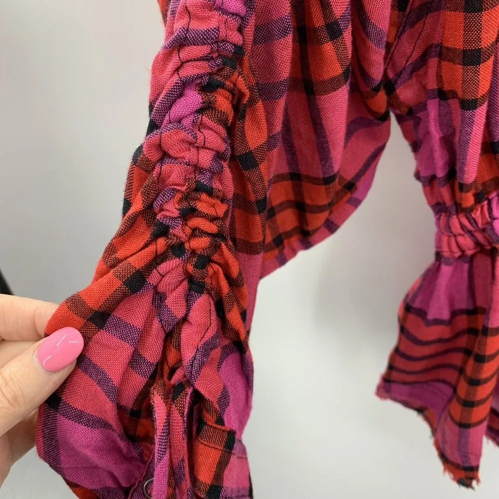 Anthro We The Free People Size XS Shirt Pacific Dawn Red Pink Plaid Ruched NEW - Image 7