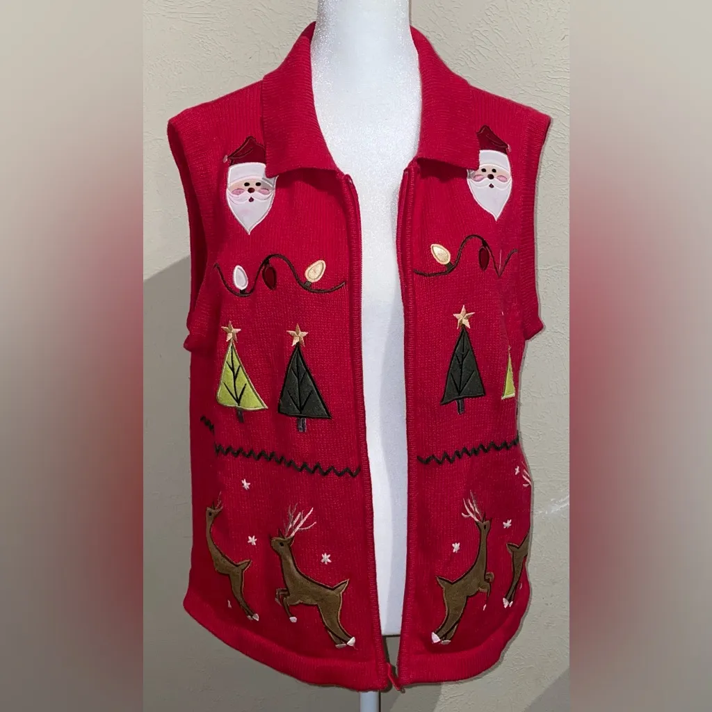 Bechamel Women’s Size M Santa Red Christmas Zip Up Sweater Vest Appliquéd Size M - Image 2