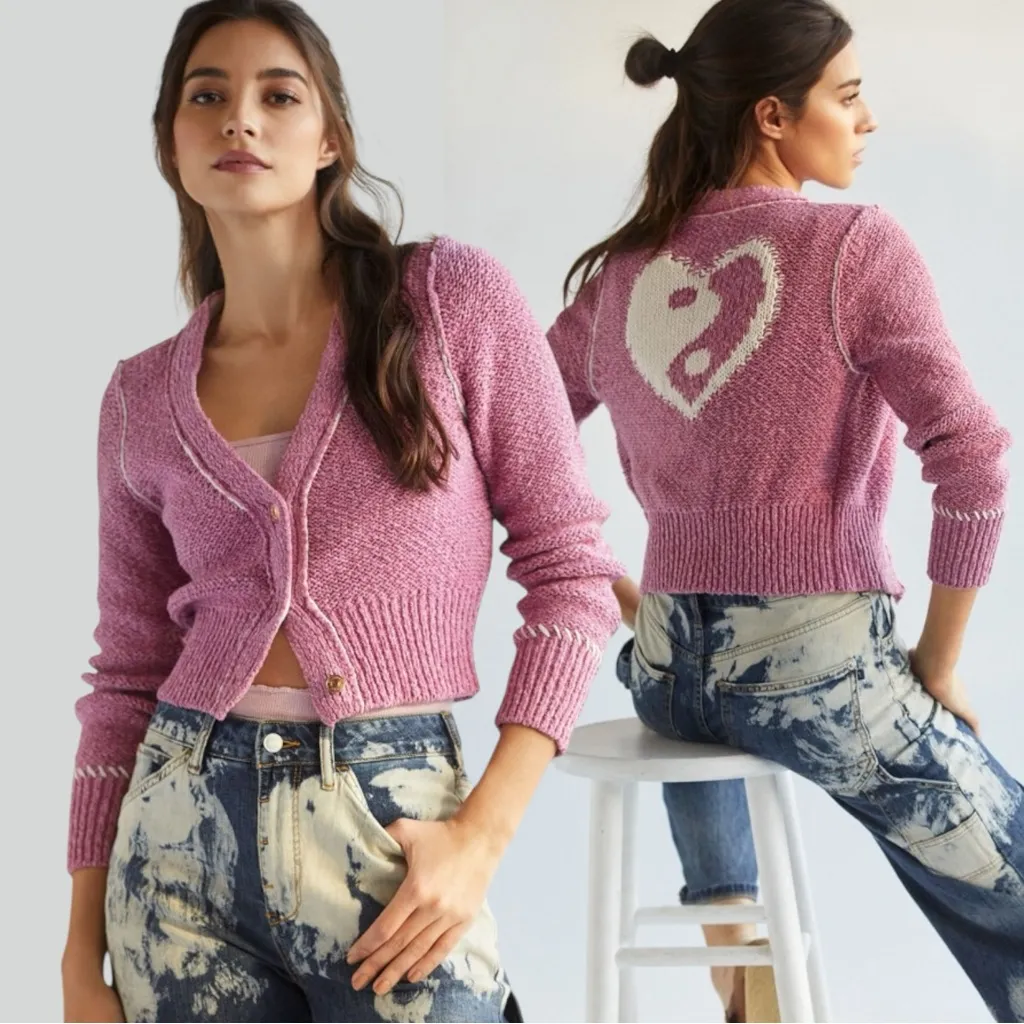 Anthropologie Pilcro Yin Yang Icon Heart Cardigan in Pink Size XS Spring Preppy - Image 2