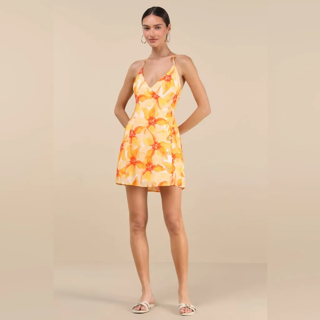 Lulus Prue Orange Floral Halter Mini Dress - Image 4