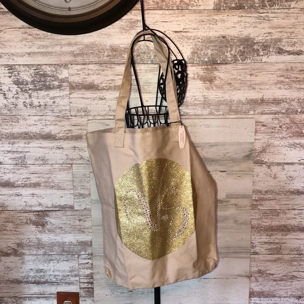 Victoria’s Secret Gold Sparkle Logo Canvas Tote Bag Beach Pool Tan Medium NWT‌ - Image 3