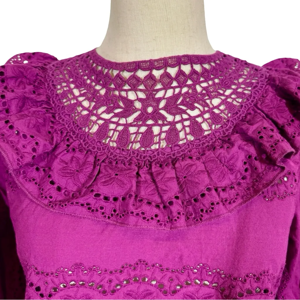 Sezane Elsa Blouse Eyelet Embroidered Ruffled Openwork in Purple Violet sz36/US4 - Image 5