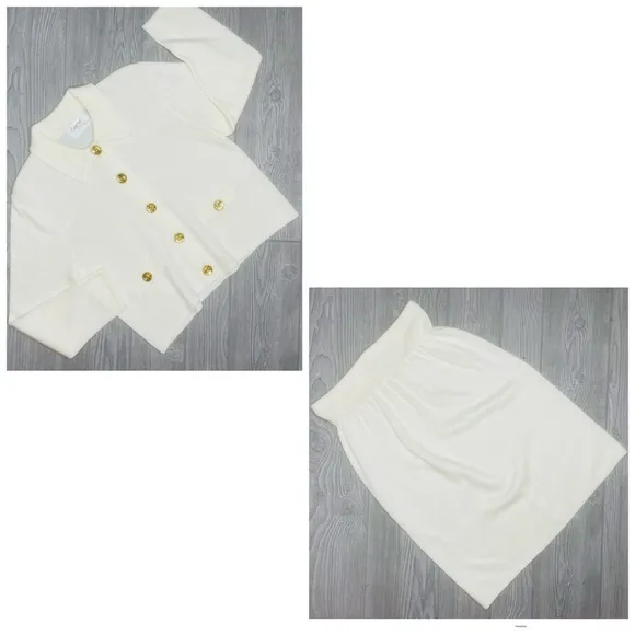 Vintage Laura alzia petit two piece skirt suit jacket sweater outfit 14 cream White - Image 2