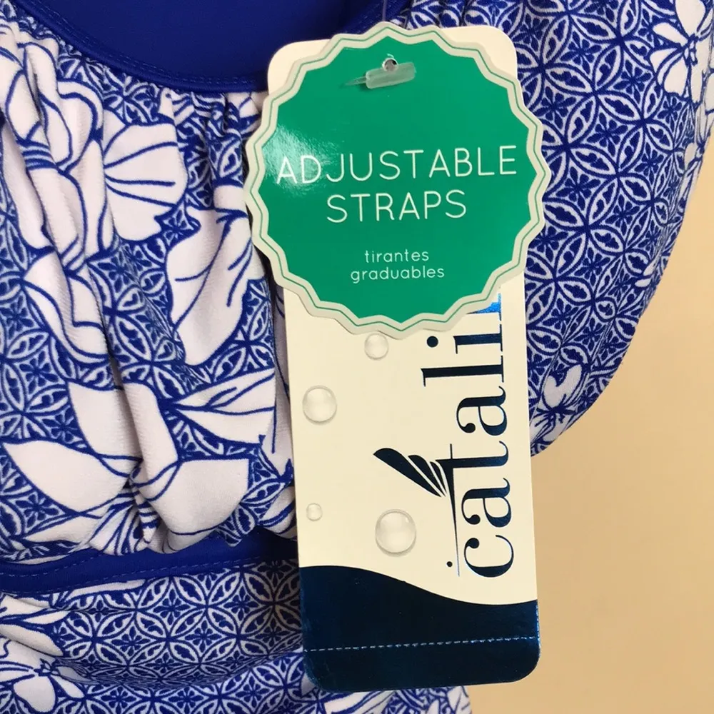 NWT Catalina Women’s Floral Print Blue White Lined Suit Swim Tank Dress - Image 10