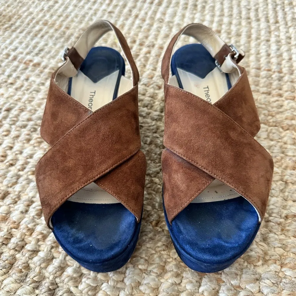 THEORY BJANKA CRISS CROSS SUEDE WEDGE SANDALS NAVY & TAN SZ 38 - Image 2