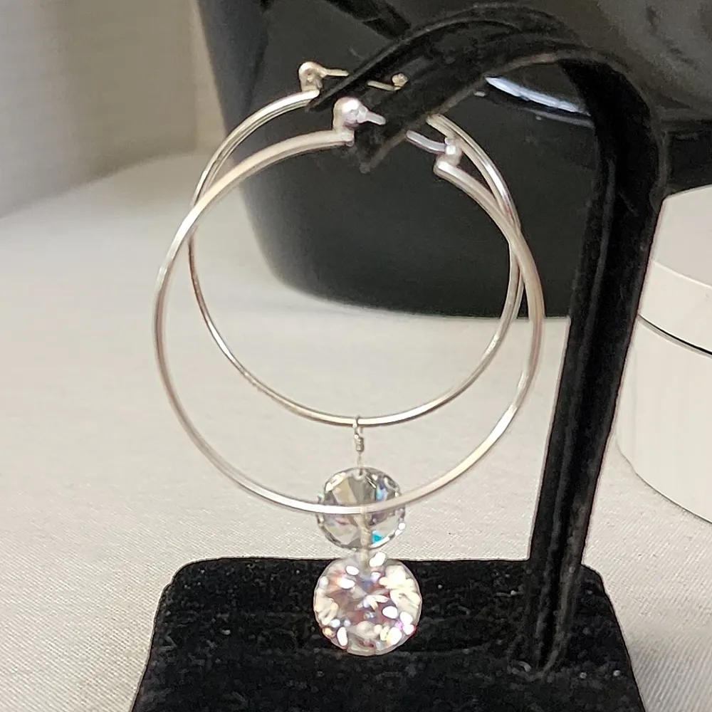 Silver Hoop Earrings with Floating Cubic Zirconia Diamond - Image 3