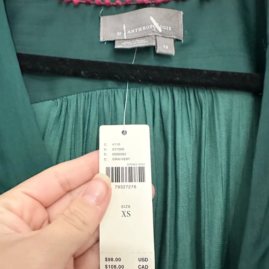 Anthropologie Long Sleeve emerald Plunge Blouse Green Size XS - Image 3