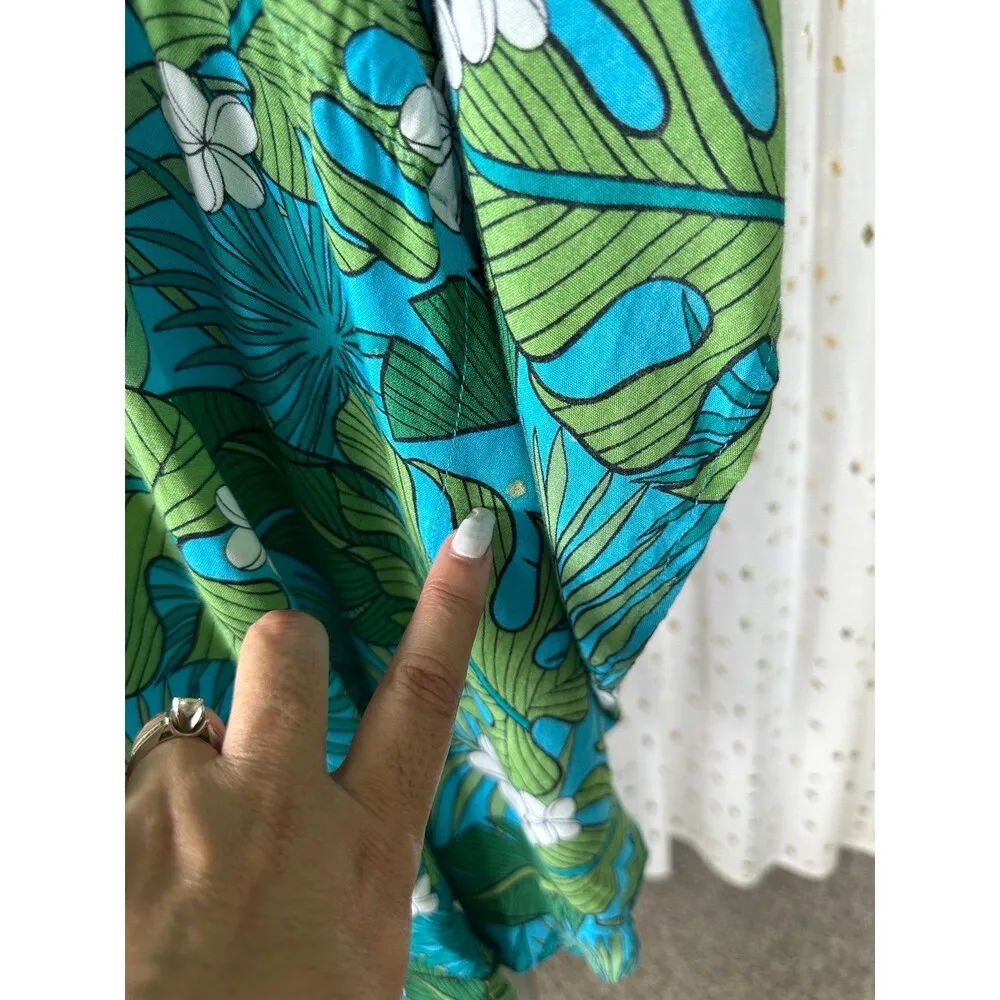 Hula Bay Hawaiian Monstera Plumeria Flowers Batwing Kaftan Swim Cover Up Top S/M Green Size M - Image 8