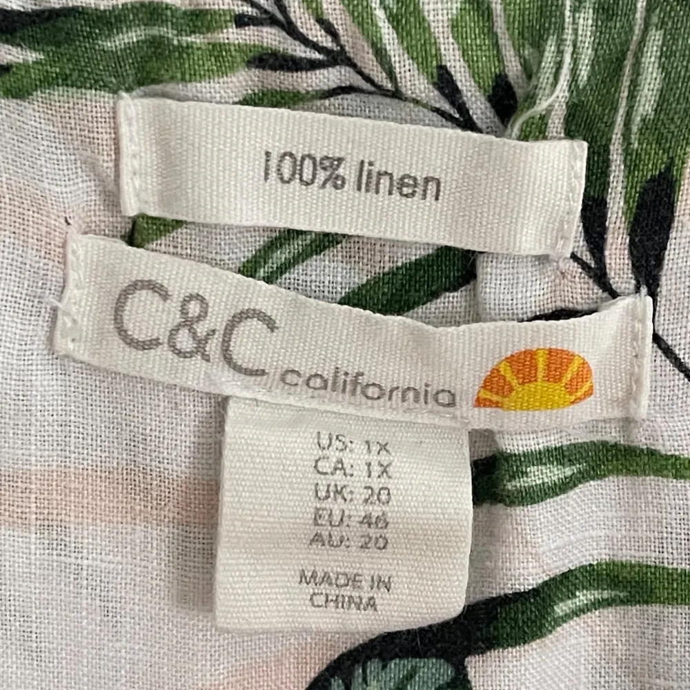 Sleeveless Button Front Palm Print Shirt 100% Linen XL Lagenlook - Image 9